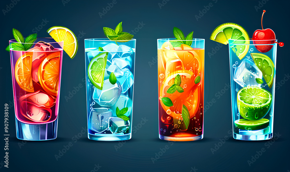 Obraz premium Four vibrant drinks featuring ice and fruit garnishes are presented against a dark backdrop