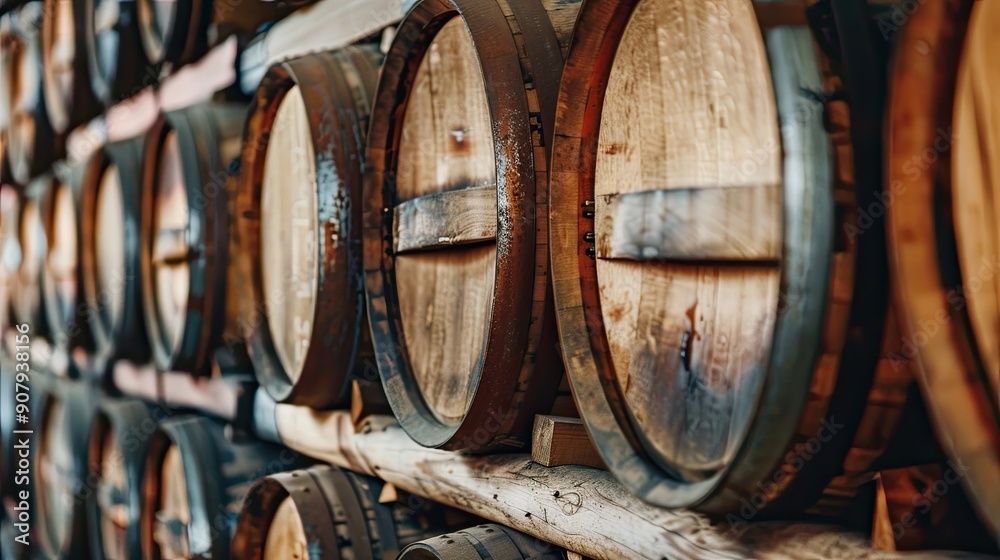Old Wooden Whiskey And Wine Barrels Stacked Neatly In A Rustic Warehouse Space Old Wooden Whiskey And Wine Barrels Stacked Neatly In A Rustic Warehouse Space