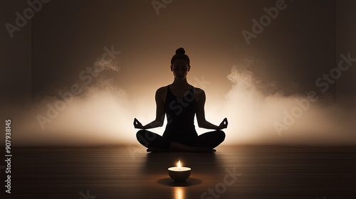 Silhouette of a person meditating in a quiet, dimly lit room with a single candle burning, creating an atmosphere of deep mental focus and emotional balance. © naphat