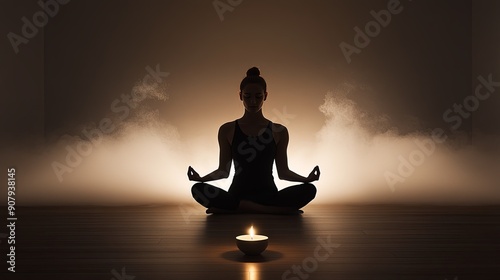 Silhouette of a person meditating in a quiet, dimly lit room with a single candle burning, creating an atmosphere of deep mental focus and emotional balance.