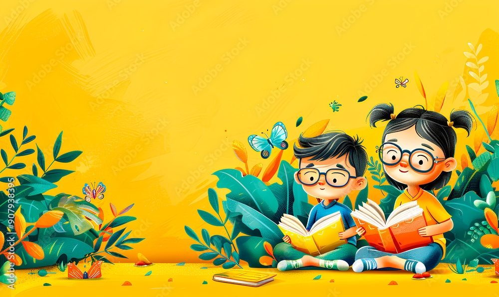 Two kids enjoy reading books in a vibrant yellow setting filled with lush greenery and butterflies Two kids enjoy reading books in a vibrant yellow setting filled with lush greenery and butterflies