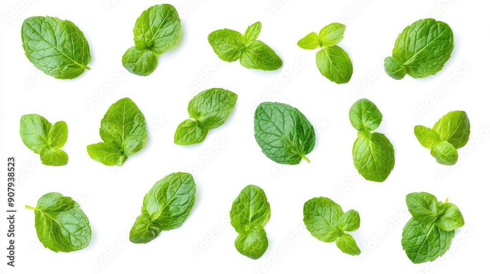 Set of fresh green mint leaves isolated on white background. Top view showcasing vibrant green color Set of fresh green mint leaves isolated on white background. Top view showcasing vibrant green color