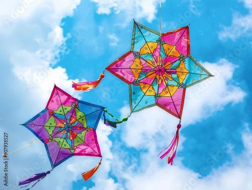 Medium shot of a colorful makarsankranti poster, themed background, bright tonality. 