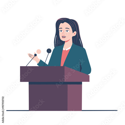 Female speaker addressing audience podium during formal event conference microphones wearing business attire. Professional woman passionately giving public speech presentation isolated against white