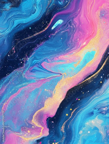 Abstract painting depicting a swirling galaxy with shades of blue, pink, and gold.  It symbolizes the beauty of the cosmos, the flow of energy, the connection between colors, the harmony of nature, an