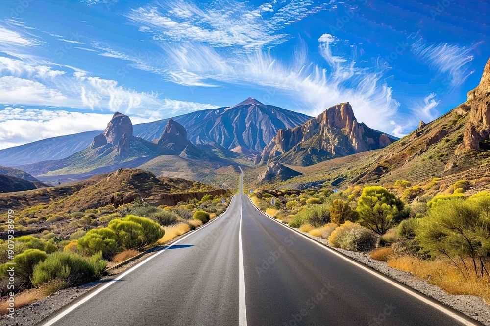 Scenic Roadway Through National Park Featuring Majestic Mountains and Vibrant Sky at Dawn Scenic Roadway Through National Park Featuring Majestic Mountains and Vibrant Sky at Dawn