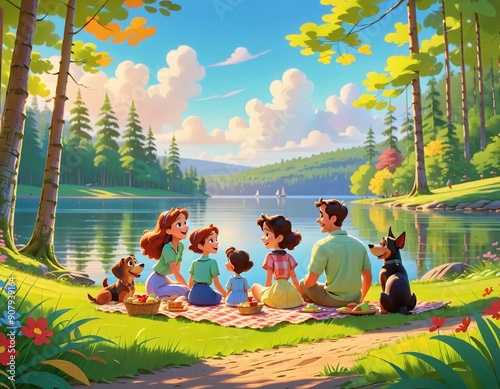 family picnic on a beautiful sunny day by the lake