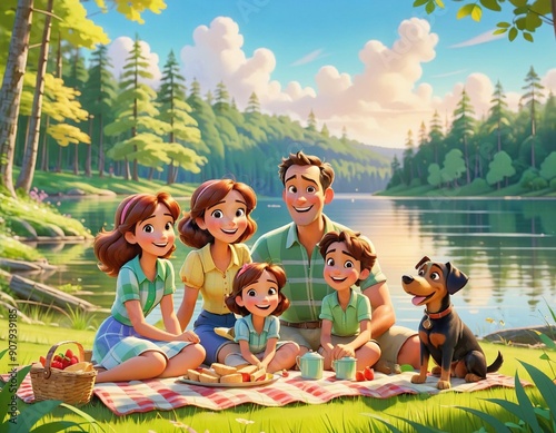 family picnic on a beautiful sunny day by the lake