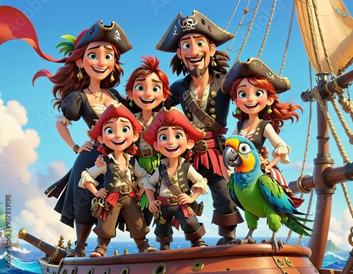 A cheerful family of pirates on the deck of a ship