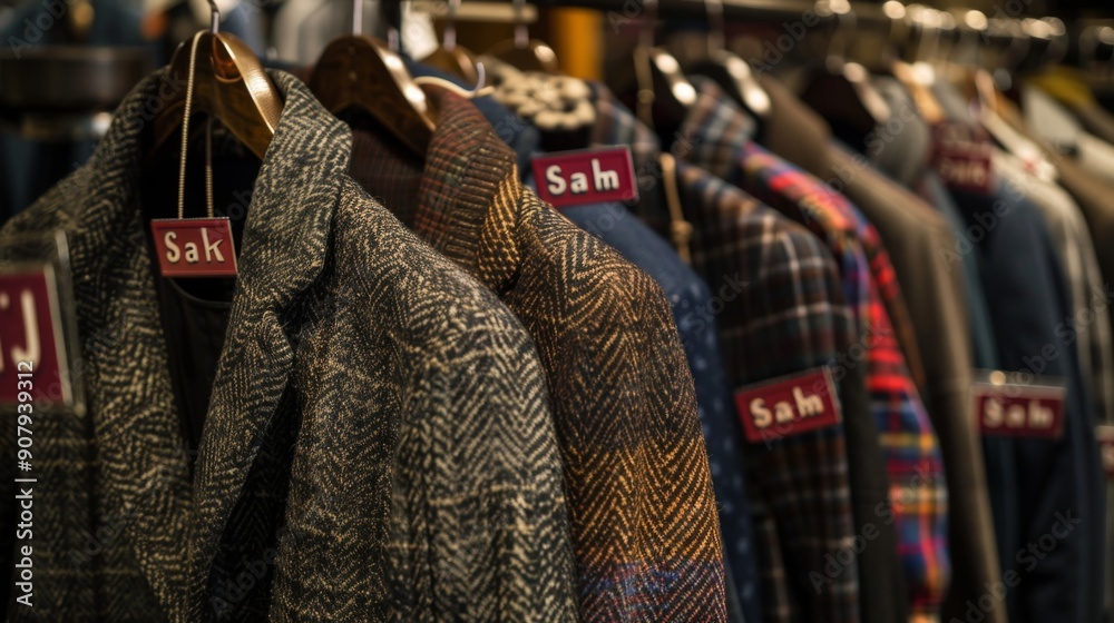 Close-up of Plaid and Chevron Patterned Coats Hanging on Racks in a Clothing Store. Close-up of Plaid and Chevron Patterned Coats Hanging on Racks in a Clothing Store.