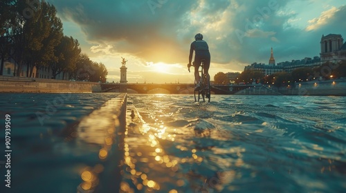 An inspiring shot of a triathlon athlete transitioning from swimming to cycling along the Seine River, with iconic Parisian landmarks highlighting the challenge and endurance of the event. photo