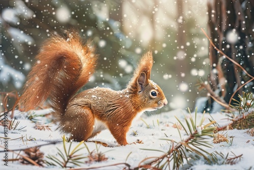 Vibrant Red Squirrel Gracefully Navigating Snowfall in Serene Pine Forest photo