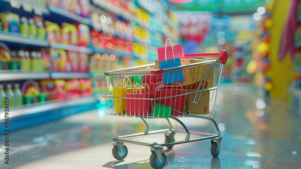 Shopping Cart Full of Bags in Supermarket Aisle. Shopping Cart Full of Bags in Supermarket Aisle.