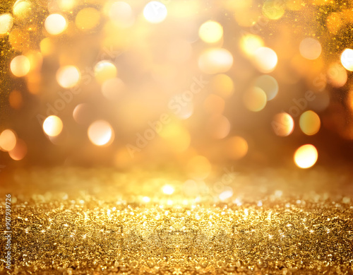 a gold celebration background with glittering colors, bokeh, and blank space, highlighting the elegance and simplicity of the festive scene.