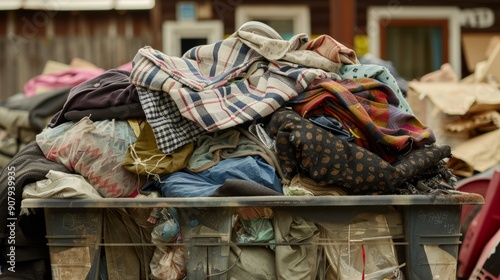 Overflowing Trash Can with Clothes and Fabric.