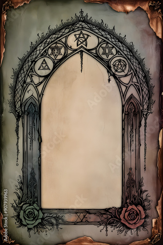 Wallpaper Mural A worn, vintage-inspired Gothic archway border frame, adorned with mystical witchy symbols, halloween frame, generative ai Torontodigital.ca