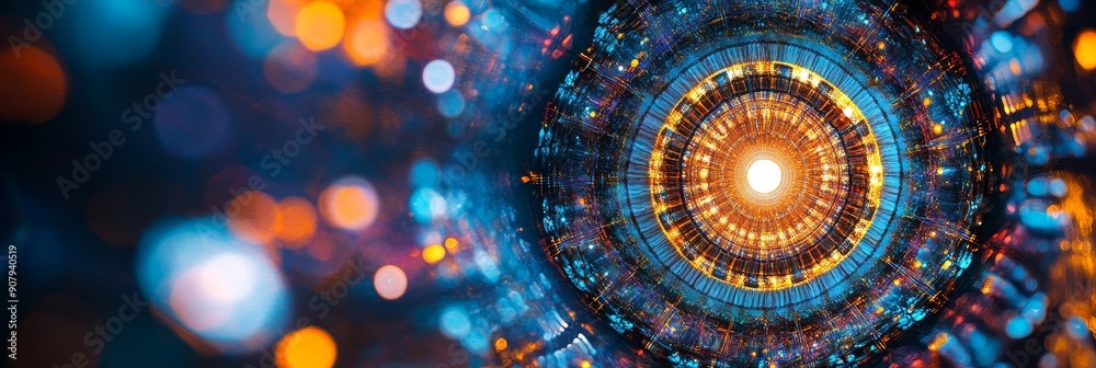 A futuristic abstract image with a circular design, representing technology, innovation, progress, and connection. It features a bright, glowing center surrounded by intricate details, with a blurred A futuristic abstract image with a circular design, representing technology, innovation, progress, and connection. It features a bright, glowing center surrounded by intricate details, with a blurred