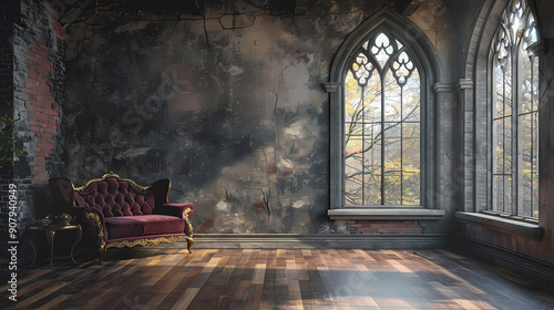 A vintage velvet chaise lounge sits in a room with large, arched windows, adding a touch of elegance to the space. The room has a rustic feel with exposed brick and a textured wall.
