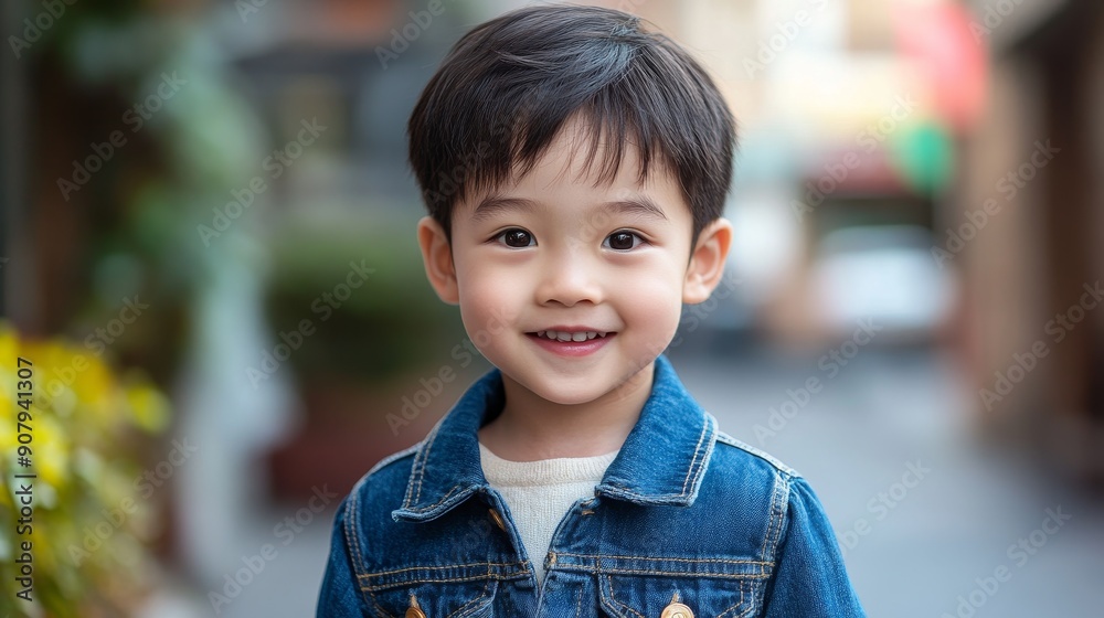 A charming young boy with short black hair, wearing a denim jacket, smiles brightly at the camera. The photo captures his innocence, joy, and playful spirit. The blurred background creates a sense of A charming young boy with short black hair, wearing a denim jacket, smiles brightly at the camera. The photo captures his innocence, joy, and playful spirit. The blurred background creates a sense of