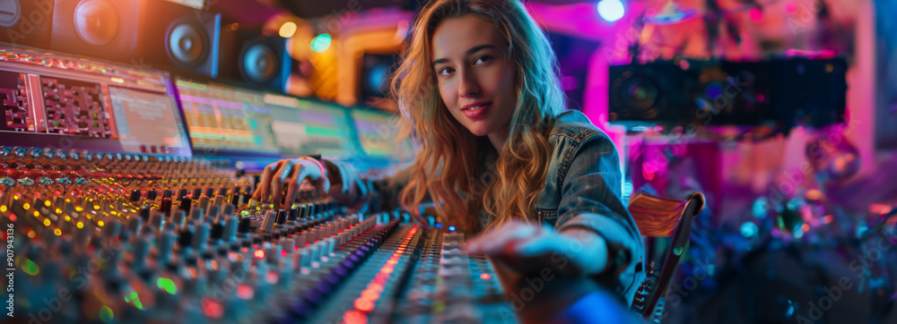 Talented Female Audio Engineer Crafting Modern Sound in Recording Studio: Creative Artist Musician Mixing New Song on Control Desk Talented Female Audio Engineer Crafting Modern Sound in Recording Studio: Creative Artist Musician Mixing New Song on Control Desk