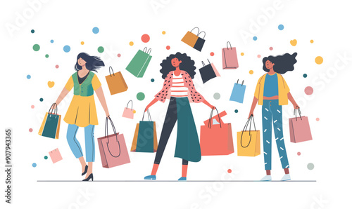 Three stylish women carrying shopping bags happily walk, surrounded floating bags. Diversity, vibrant clothing, sense joy express successful shopping spree. Isolated white background, colorful dots