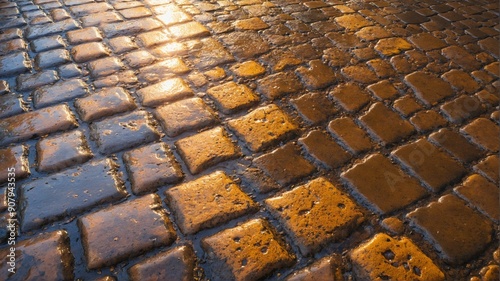 Sunlit Cobblestone Street, a sun-drenched cobblestone street, showcasing the intricate texture and warm tones of aged stones. The diagonal pattern creates depth and perspective.