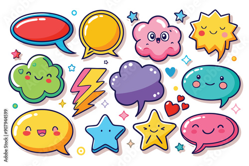 Colorful Speech Bubbles with Cartoon Faces and Stars