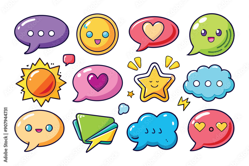 Colorful Cartoon Speech Bubbles with Emojis and Icons Colorful Cartoon Speech Bubbles with Emojis and Icons