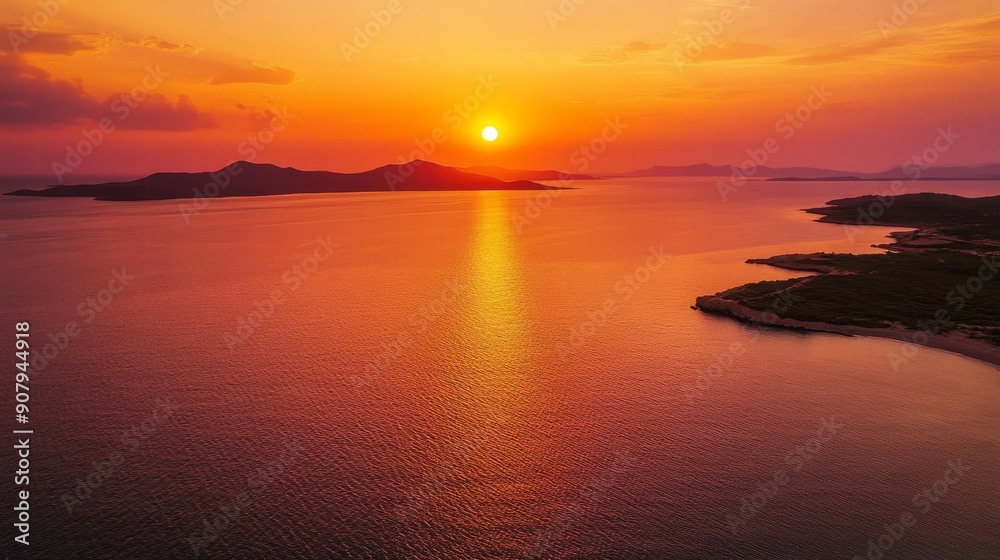 A mesmerizing sunset casts a warm, orange glow over the serene islands, showcasing the beauty of the Croatian coastline. The image symbolizes peace, tranquility, nature, beauty, and escape. A mesmerizing sunset casts a warm, orange glow over the serene islands, showcasing the beauty of the Croatian coastline. The image symbolizes peace, tranquility, nature, beauty, and escape.