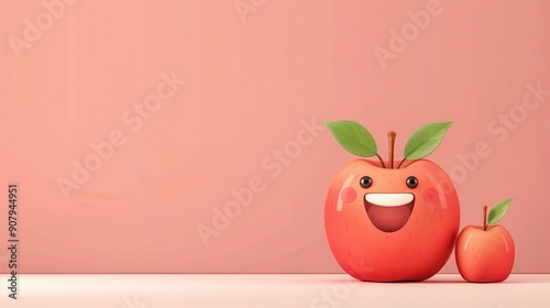 Cheerful, animated apple characters with big smiles and green leaves, set against a pastel pink background, conveying happiness and freshness.