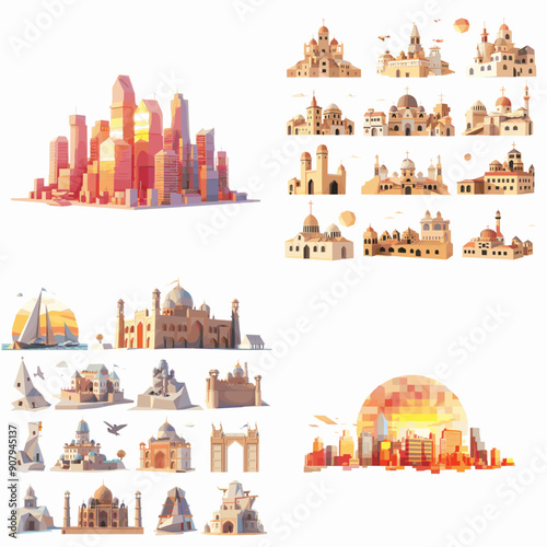 A collection of buildings and a sun