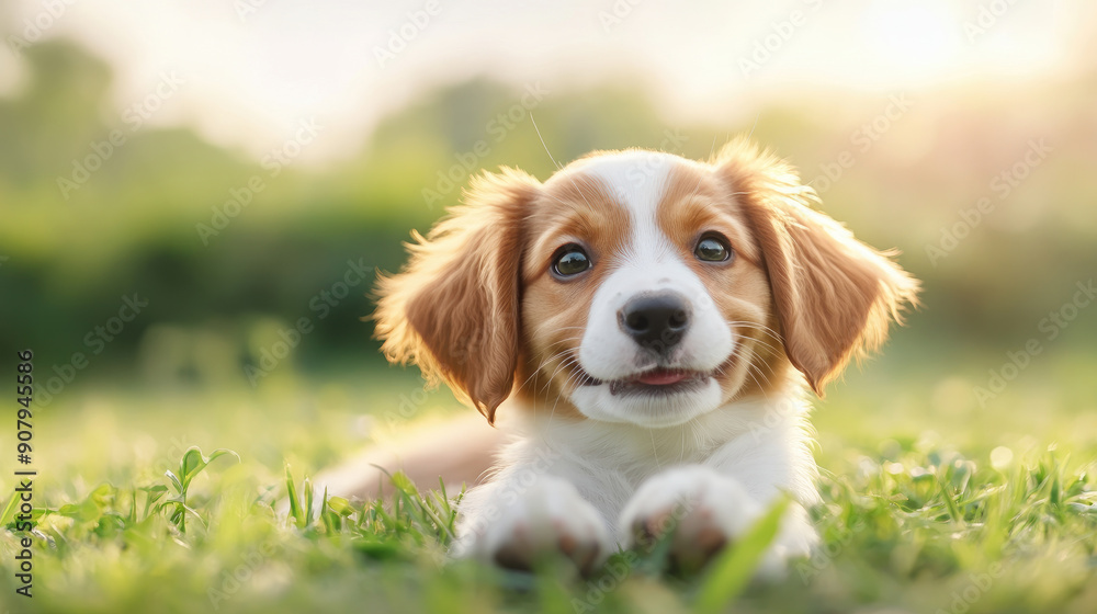 Adorable puppy frolicking in lush grass, capturing joyful moments of playfulness in nature. Perfect for pet lovers and animal photography enthusiasts.