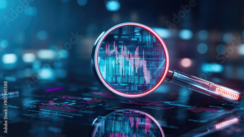 Explore a cyberpunk vision featuring a high-tech magnifying glass with neon lights, examining futuristic financial graphs and data streams.