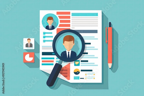Job search concept with magnifying glass and human resources icons illustration