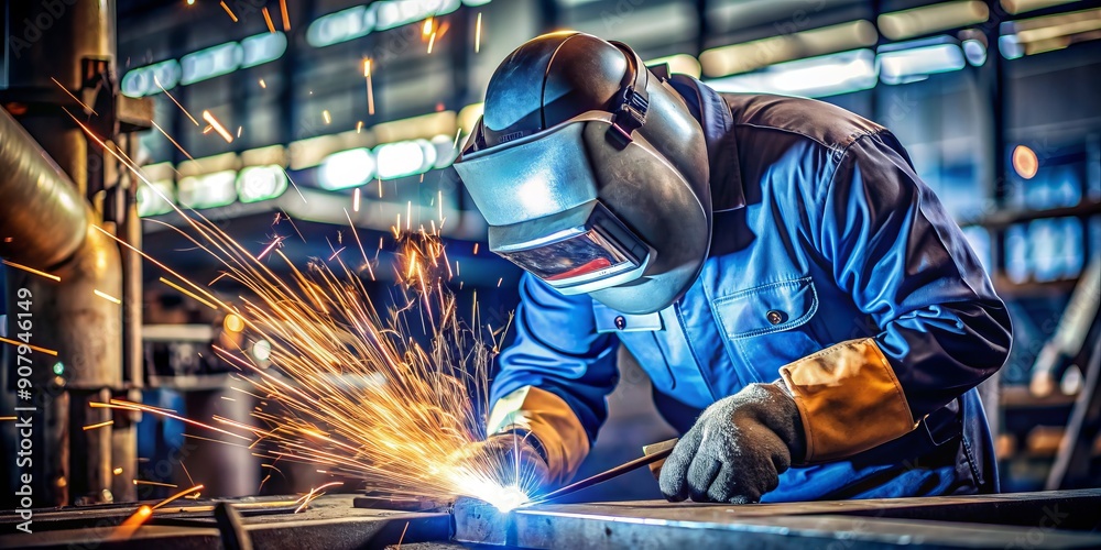 A welder intensely focused on welding metal with sparks flying around in an industrial environment. A welder intensely focused on welding metal with sparks flying around in an industrial environment.