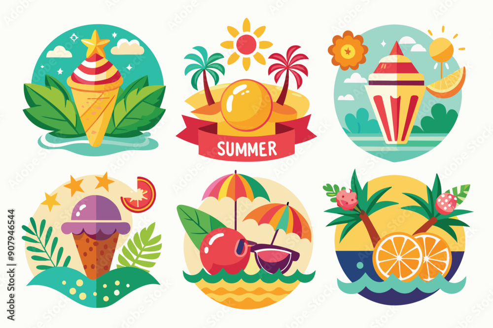 Colorful Summer Icons with Ice Cream, Palm Trees, and Fruit Colorful Summer Icons with Ice Cream, Palm Trees, and Fruit