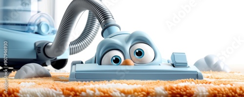 Adorable cartoon vacuum cleaner with expressive eyes cleaning a fluffy orange and white carpet, set against a bright background.