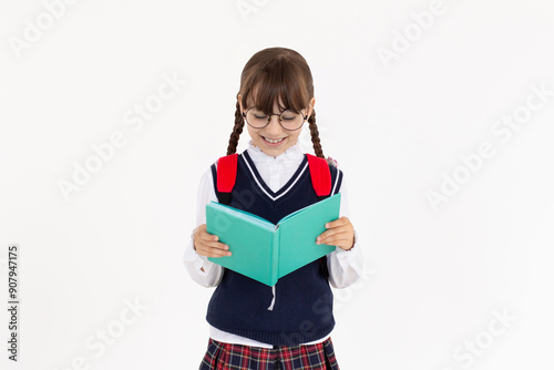 The girl really likes to read an interesting book. Girl in school uniform reading blue book