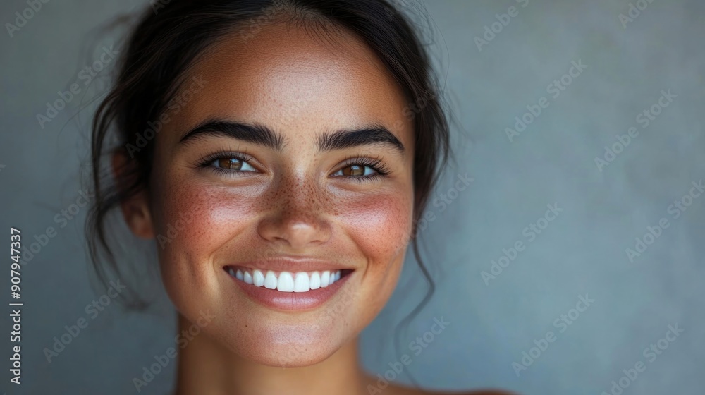 Close up face of young woman with beautiful smile isolated on grey wall with copy space. Successful multiethnic girl. Latin woman looking at camera against gray wall with a big whitening teeth smile. Close up face of young woman with beautiful smile isolated on grey wall with copy space. Successful multiethnic girl. Latin woman looking at camera against gray wall with a big whitening teeth smile.