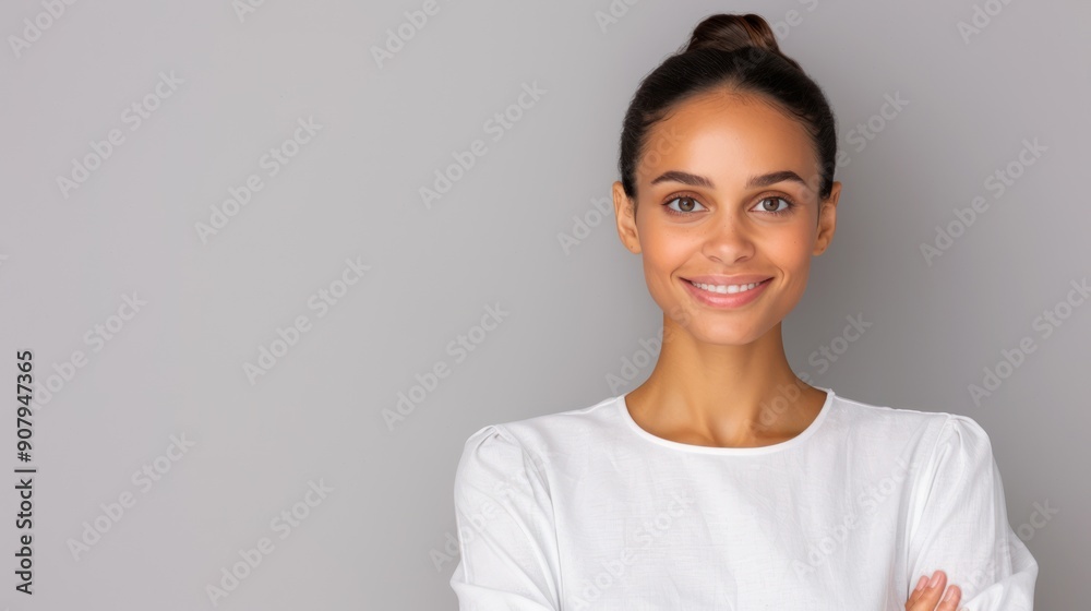 A confident young professional in a crisp white shirt, standing against a plain gray background, ready for a headshot A confident young professional in a crisp white shirt, standing against a plain gray background, ready for a headshot