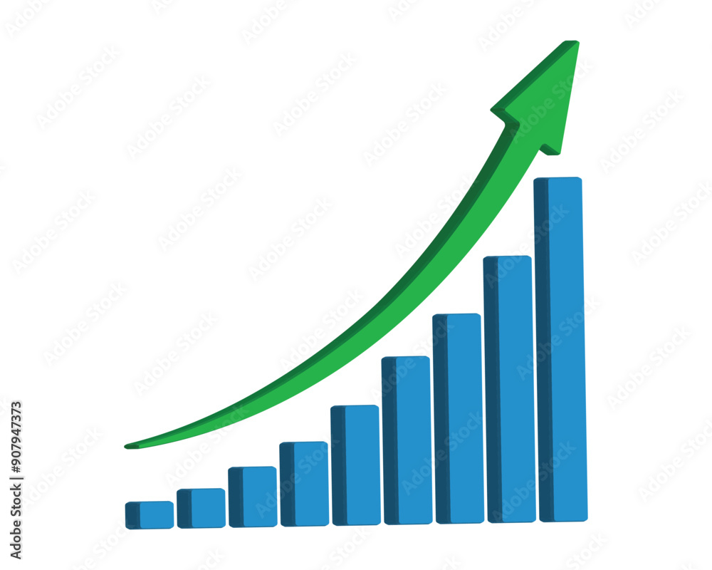 Upward stepping 3d green arrow. Growth Bar blue stairs step to growth success vector illustration on white. Progress way and forward achievement creative concept. 3d Bar graph of blue bars. Upward stepping 3d green arrow. Growth Bar blue stairs step to growth success vector illustration on white. Progress way and forward achievement creative concept. 3d Bar graph of blue bars.