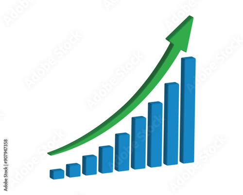 Upward stepping 3d green arrow. Growth Bar blue stairs step to growth success vector illustration on white. Progress way and forward achievement creative concept. 3d Bar graph of blue bars.