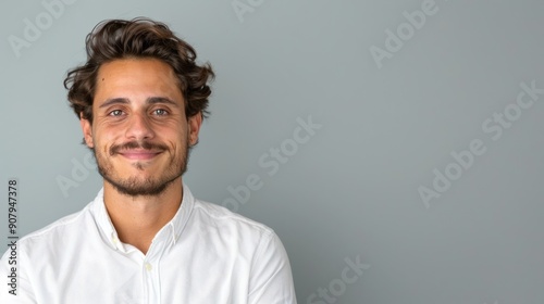 A confident young professional in a crisp white shirt, standing against a plain gray background, ready for a headshot