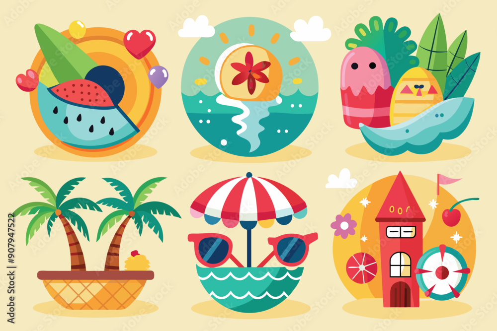 Colorful Summer Beach Illustrations with Tropical Elements Colorful Summer Beach Illustrations with Tropical Elements