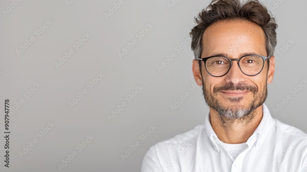 A confident young professional in a crisp white shirt, standing against a plain gray background, ready for a headshot A confident young professional in a crisp white shirt, standing against a plain gray background, ready for a headshot
