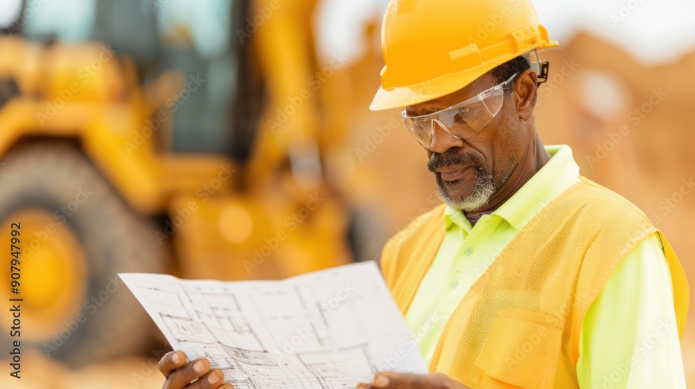 A construction site supervisor in a hard hat, reviewing blueprints with a team amidst heavy machinery
