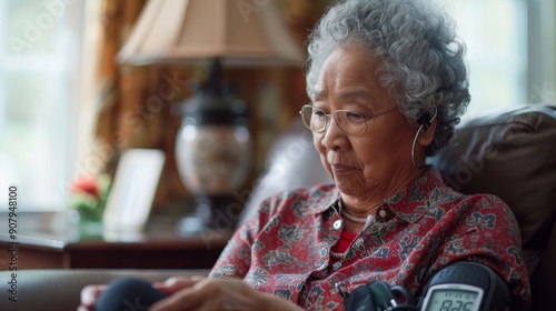 Chronic disease management: Senior woman monitoring her blood pressure at home, Generative AI