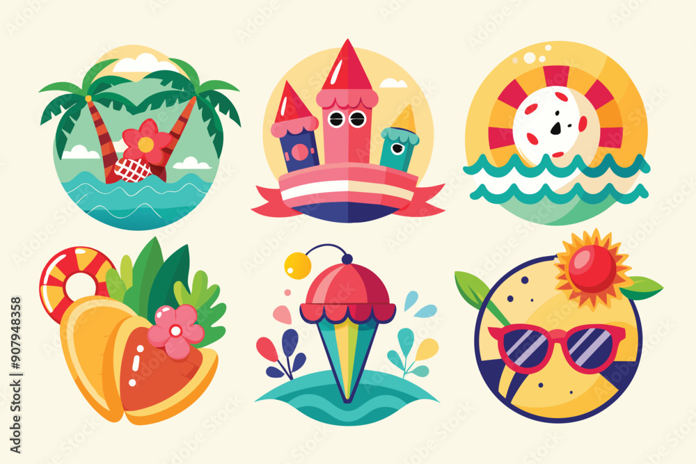 Colorful Circular Illustrations Depicting Summer Activities and Elements Colorful Circular Illustrations Depicting Summer Activities and Elements