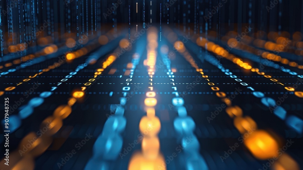 Futuristic abstract digital matrix with glowing binary code in blue and orange tones, representing data flow and technology. Futuristic abstract digital matrix with glowing binary code in blue and orange tones, representing data flow and technology.