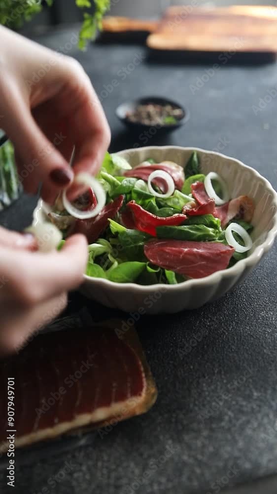 duck breast salad smoked duck meat magret natural fresh appetizer meal food snack on the table copy space food background rustic top view